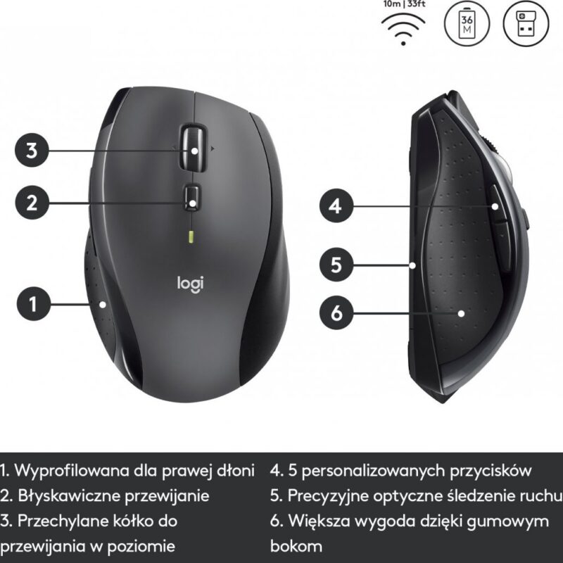 Logitech M705 Marathon Wireless Mouse Black Model: 910-001949 Type: Wireless Mouse Color: Black Features: Ergonomic Design, Extended Battery Life, Hyper-Fast Scrolling, Logitech Unifying Receiver, Precision Laser Tracking Connectivity: 2.4 GHz Wireless via USB Receiver Compatibility: Windows, macOS, Chrome OS, Linux Long Description: The Logitech M705 Marathon Wireless Mouse in Black (model 910-001949) is designed to deliver exceptional comfort, efficiency, and long-lasting performance for both professional and personal use. Its ergonomic design features a contoured shape with soft rubber grips, providing comfort during extended use and reducing hand fatigue. The M705 boasts an impressive battery life of up to 3 years on a single set of batteries, which significantly reduces the need for frequent replacements. This extended battery life is complemented by an intelligent power management system that conserves battery power by automatically switching the mouse to sleep mode when not in use. Equipped with Hyper-Fast Scrolling, the M705 allows for seamless navigation through long documents and web pages with minimal effort. Users can switch between precision scrolling and hyper-fast scrolling modes with a simple click, enhancing productivity. The precision laser tracking ensures smooth and accurate cursor control on various surfaces. The mouse connects wirelessly via a 2.4 GHz USB receiver, which provides a reliable and interference-free connection. The receiver is compatible with Logitech’s Unifying Receiver technology, allowing users to connect multiple Logitech devices with a single receiver. Short Description: Type: Wireless Mouse Model: 910-001949 Color: Black Features: Ergonomic Design, Extended Battery Life, Hyper-Fast Scrolling, Logitech Unifying Receiver, Precision Laser Tracking Connectivity: 2.4 GHz Wireless via USB Receiver Compatibility: Windows, macOS, Chrome OS, Linux Usage: General Computing: Purpose: Ideal for everyday tasks and professional work. Benefits: The ergonomic design and precision laser tracking provide a comfortable and accurate user experience for a variety of computing tasks. Comfort and Ergonomics: Purpose: Ensures comfort during extended use. Benefits: The contoured shape and soft rubber grips help reduce hand fatigue, making it suitable for long periods of use. Extended Battery Life: Purpose: Minimizes the need for frequent battery changes. Benefits: Up to 3 years of battery life on a single set of batteries, with an intelligent power management system that extends battery life further by entering sleep mode when not in use. Hyper-Fast Scrolling: Purpose: Facilitates easy navigation through long documents and web pages. Benefits: Allows users to switch between precision and hyper-fast scrolling modes, enhancing productivity and efficiency. Reliable Wireless Connection: Purpose: Provides a stable and interference-free connection. Benefits: The 2.4 GHz wireless connection via USB receiver offers reliable performance, with a range of up to 10 meters. Logitech Unifying Receiver: Purpose: Connects multiple Logitech devices with a single receiver. Benefits: The receiver is compatible with Logitech’s Unifying Receiver technology, allowing for a clutter-free workspace by reducing the number of USB receivers needed. The Logitech M705 Marathon Wireless Mouse in Black (910-001949) is an excellent choice for users seeking a high-performance, comfortable, and durable mouse for everyday computing. Its ergonomic design, extended battery life, and advanced features make it a reliable and efficient option for both professional and personal use.